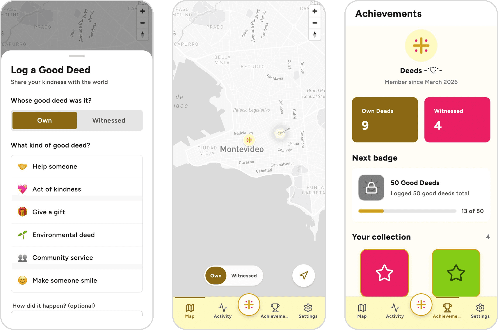 Three phone screens from Karma Plus: the Log a Good Deed sheet with deed types, the heatmap over Montevideo, and the Achievements screen with own and witnessed counts and progress to the next badge