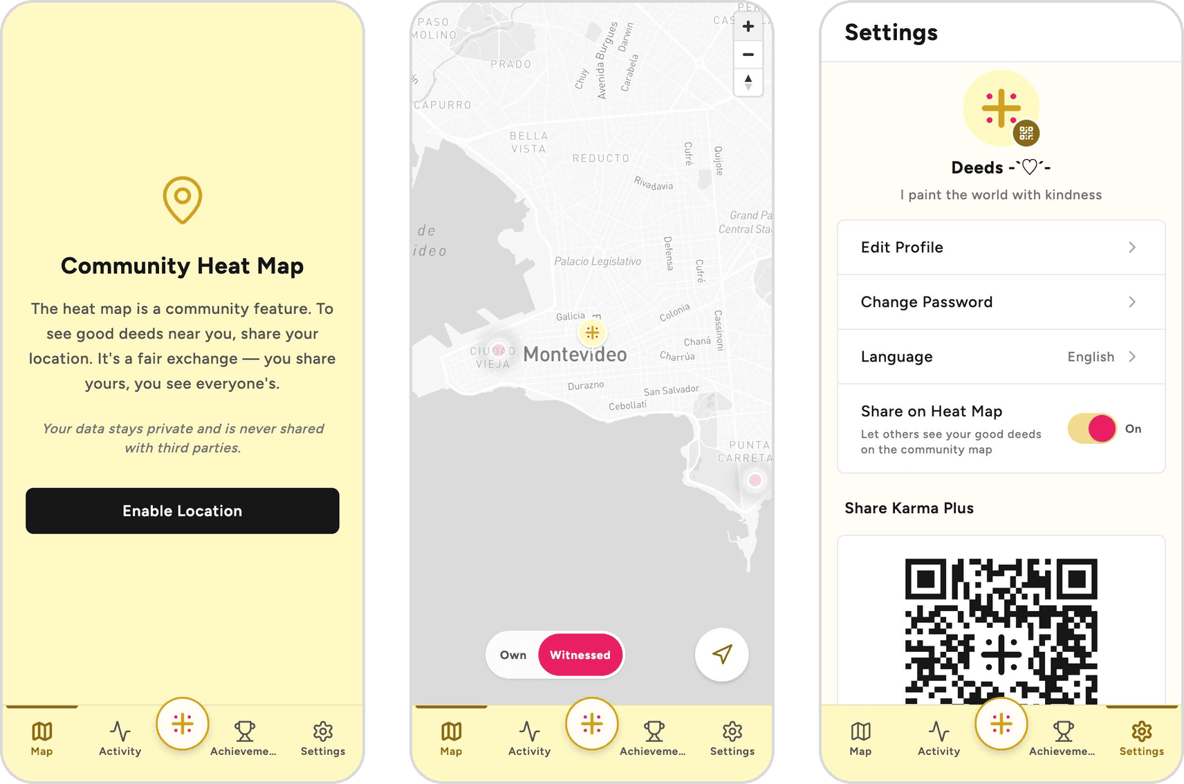 Three phone screens from Karma Plus: the heatmap opt-in explaining the location exchange, the witnessed deeds map with no names or profiles, and Settings with a Share on Heat Map switch
