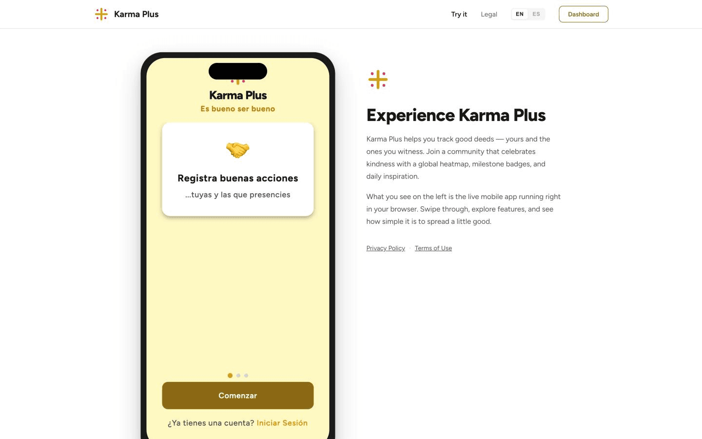 The Karma Plus Try it page: the live mobile app running inside a phone frame, next to a short description of the product
