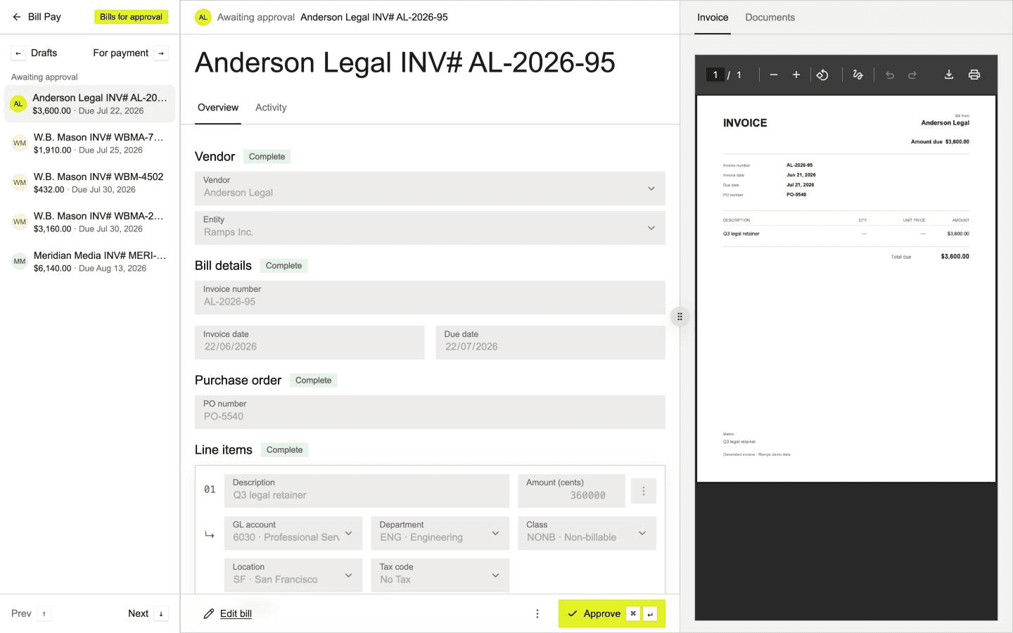 A bill awaiting approval in the Ramps demo: the queue on the left, vendor, bill details, purchase order and coded line items in the middle, and the invoice PDF on the right, with an Approve button and its keyboard shortcut