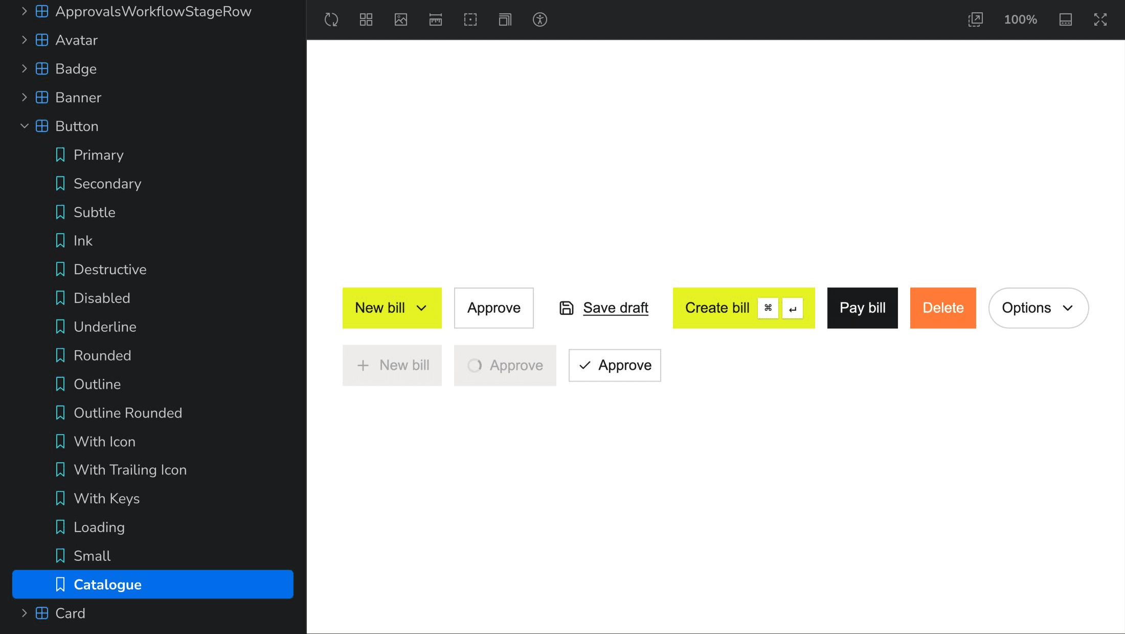 Storybook showing the Button catalogue: primary, secondary, subtle, ink, destructive, rounded, outline, disabled, loading, with icons and with keyboard shortcuts, and its stories listed in the sidebar