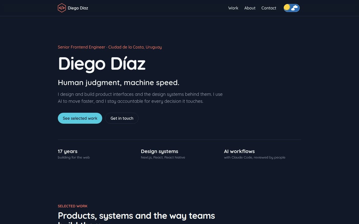 The new home page in dark mode: role and location, name, the line human judgment, machine speed, a short pitch, two calls to action and three highlights
